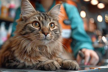 A groomer trimming a cat's nails in a professional setting.