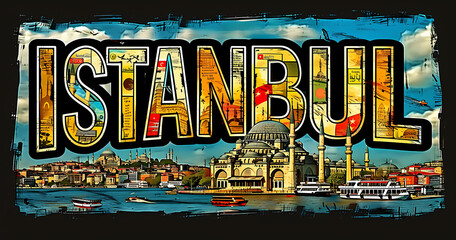 Naklejka premium Istanbul city destination poster in the style of film photo montage depicting iconic landmarks and scenes from the city. Vacation and international travel concept.
