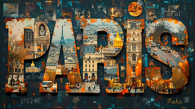 Paris city destination poster in the style of film photo montage depicting iconic landmarks and scenes from the city. Vacation and international travel concept. - Powered by Adobe
