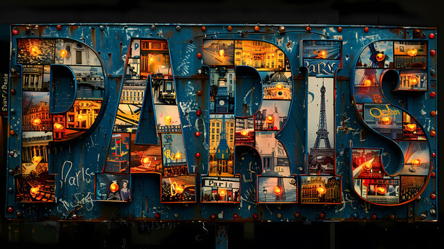 Paris city destination poster in the style of film photo montage depicting iconic landmarks and scenes from the city. Vacation and international travel concept. - Powered by Adobe