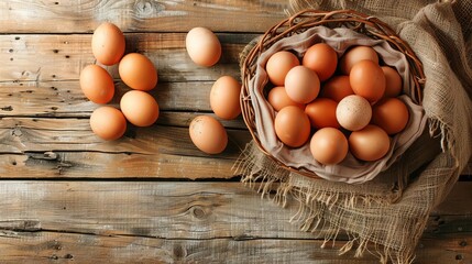 fresh farm eggs on rustic wooden background organic food concept