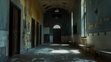 Fototapeta premium An abandoned hospital hallway, the walls painted in faded blue and cream hues with peeling paint, light filtering through broken windows, evoking a sense of eerie stillness and decay.