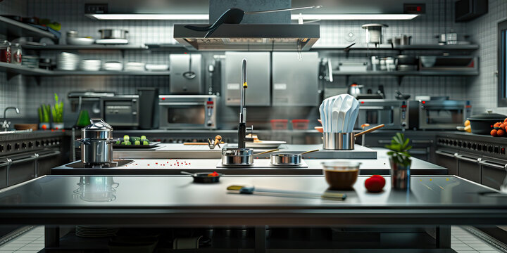 Chef's Kitchen: A chef's workstation with a sleek kitchen island, various cooking tools, and a chef's hat, embodying a culinary artist at work in a busy restaurant