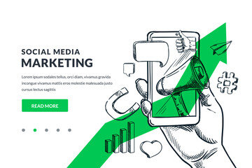 Social media marketing and advertisement, communication business concept. Human hand holding smartphone with digital marketing symbols on green arrow background. Vector hand drawn sketch illustration
