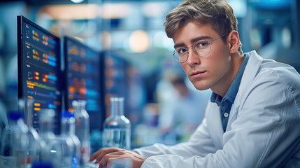 Young technician lab analyzing data in an advanced research laboratory working on monitors with graphs and analysis. Scientific Researcher Working on Data Analysis in the Laboratory