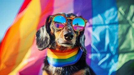 Fototapeta premium funny dachshund in sunglasses at summer pride parade rainbow flags vacation vibes digital painting