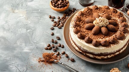 Fototapeta premium Top view of tiramisu on a ceramic plate.