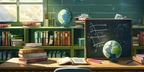 The Teacher's Desk: A tidy workspace with stacks of books, a globe, and a chalkboard eraser, symbolizing a dedicated educator in a classroom setting.