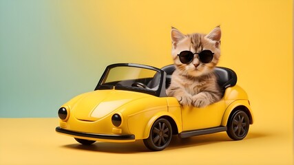 Cute cat with sunglasses in toy car on yellow background