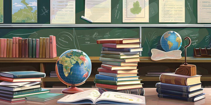 The Teacher's Desk: A tidy workspace with stacks of books, a globe, and a chalkboard eraser, symbolizing a dedicated educator in a classroom setting.