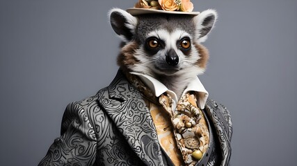 photograph of a lemur wearing a sophisticated tiered suit with a patterned design; the animal is anthropomorphic and has a charming human attitude. The image is confident and sophisticated high fashio
