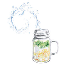 Transparent glass jar-mug with lemonade, mint, ice and splashes of water in watercolor illustration on a white background. Hand drawn mug for cookbooks, lemonade, restaurant menu design, bar, cards