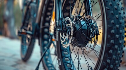 Obraz premium Front view of an electric bicycle wheel motor, softly focused.