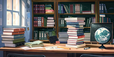The Teacher's Desk: A tidy workspace with stacks of books, a globe, and a chalkboard eraser, symbolizing a dedicated educator in a classroom setting.