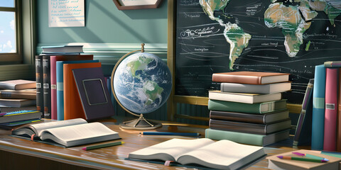 The Teacher's Desk: A tidy workspace with stacks of books, a globe, and a chalkboard eraser, symbolizing a dedicated educator in a classroom setting.