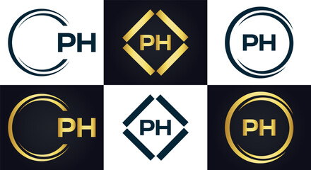 PH logo. P H design. White PH letter. PH, P H letter logo design. P H letter logo design in FIVE, FOUR, THREE, style. letter logo set in one artboard. P H letter logo vector design.
