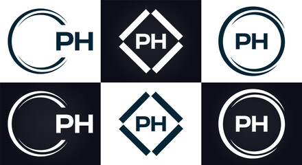 PH logo. P H design. White PH letter. PH, P H letter logo design. P H letter logo design in FIVE, FOUR, THREE, style. letter logo set in one artboard. P H letter logo vector design.