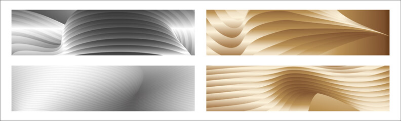 Wavy silver and gold parallel gradient lines, ribbons, silk. Set of 4 backgrounds. Black and white with shades of gray or golden silk. Banner, poster. eps vector