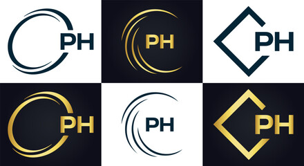 PH logo. P H design. White PH letter. PH, P H letter logo design. P H letter logo design in FIVE, FOUR, THREE, style. letter logo set in one artboard. P H letter logo vector design.