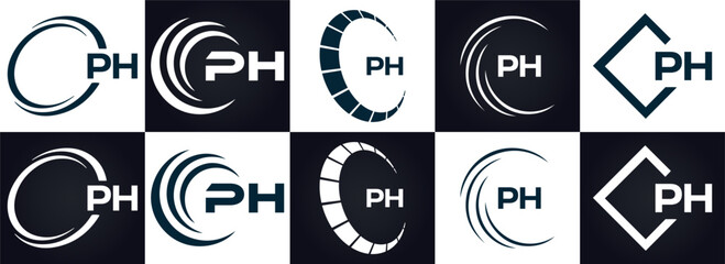 PH logo. P H design. White PH letter. PH, P H letter logo design. P H letter logo design in FIVE, FOUR, THREE, style. letter logo set in one artboard. P H letter logo vector design.