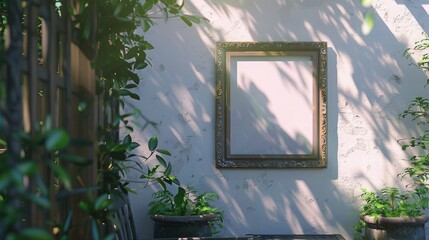 Close up of empty wooden picture frame on wall in mid century modern home with black armchair and coffee table, plant leaves, white walls and minimalist interior design