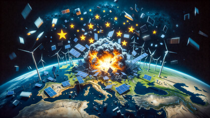 EU Green Deal failure, highlighting challenges and setbacks in achieving sustainable energy targets and related European Union economic suicide and autodestruction.