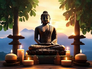 Buddha statue with temple background and Bokeh nature, Vesak day celebration - Generative Ai