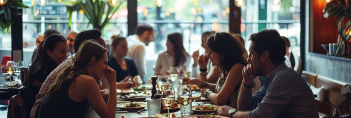 A group of friends sharing a meal at a bustling restaurant