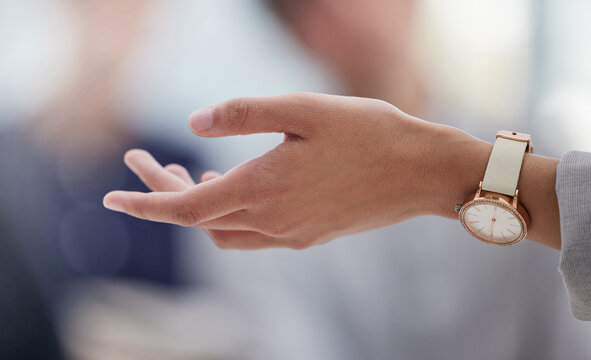 Hand, palm and gesture in office with person, watch and friendly with open to teamwork or helping. Closeup, welcome and sharing idea with conversation in team for question or communication in career.