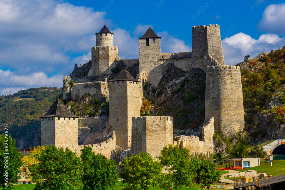 Wall mural majestic view of golubac fortress overlooking danube river in serbia on a sunny afternoon