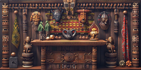 African Tribal Inspired Desk: An artfully crafted wooden desk adorned with traditional African sculptures, textiles, and beads, showcasing the vibrant and diverse cultural heritage of various African