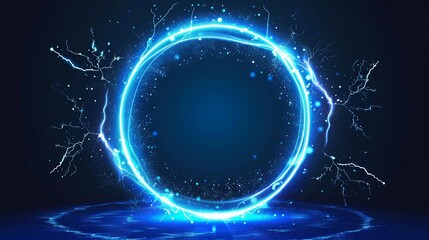 Obraz premium futuristic glowing blue holographic circles and lightning portal frame abstract plasma energy concept illustration