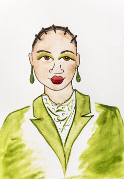 Watercolor portrait woman with corn rows