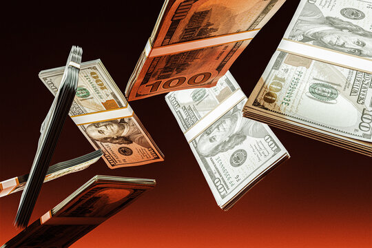 USD Bills Flying On A Orange Background