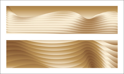 Wavy golden parallel gradient lines, ribbons, silk. Golden with shades of yellow background, banner, poster. Set of 2 backgrounds. Eps vector