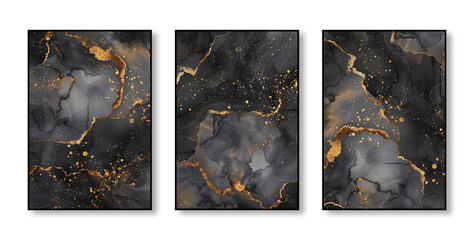 Abstract art watercolor painting, stylish modern wall art, triptych, flowers, texture, gold