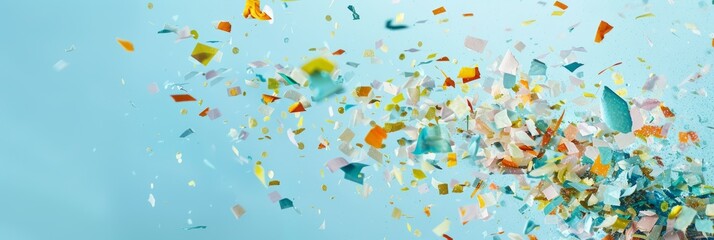 A bunch of confetti falling from a vibrant blue sky, creating a festive and colorful scene