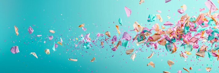 A vibrant assortment of confetti pieces flying in all directions against a soft blue backdrop
