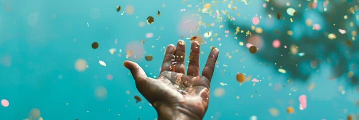 A hand reaching up into the air as confetti falls from it against a pastel blue backdrop