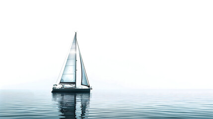 Serene Sailboat on Calm Waters, A solitary sailboat with pristine sails gliding on calm, reflective waters under a clear, minimalist sky. The serene setting evokes peace and tranquility