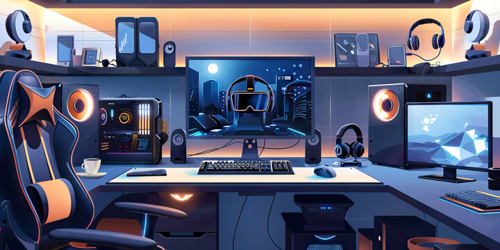 Tech desk modern surrounded by cutting edge products brand new.