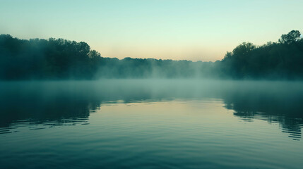 Fototapeta premium Misty Morning Over a Tranquil Lake at Sunrise, A misty morning over a tranquil lake at sunrise, with calm water reflecting the soft light of dawn