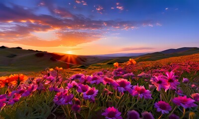 Fototapeta premium Super bloom blooming spectacularly in northern a riot of colors contrasted against the verda, Ai Generated