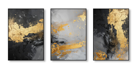 Abstract art watercolor painting, stylish modern wall art, triptych, flowers, texture, gold