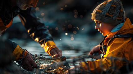 Portrait of a veteran fisherman teaching and knowledge transfer to a young boy. A day in the hard life of professional fishermen.