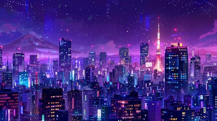 Obraz premium futuristic purple japanese urban cityscape at night digital illustration
