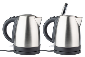 Electric Kettle. Hot Water Kettle. Teapot Boiler or Tea Kettle Pot. Auto Shut Off. Boiled water for hot drinks, coffee, cocoa. New kitchenware for kitchen. Stainless steel Kettle. Isolated background
