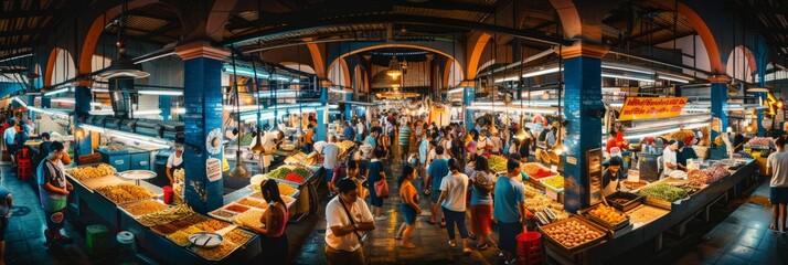 A vibrant scene of a bustling food market filled with colorful stalls and vendors, surrounded by a large group of people