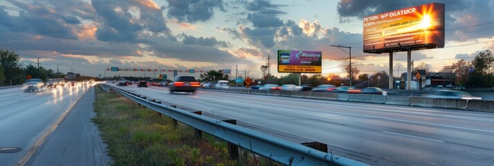 A highway filled with cars zooming past a large billboard displaying gasoline prices, showcasing the busy traffic flow