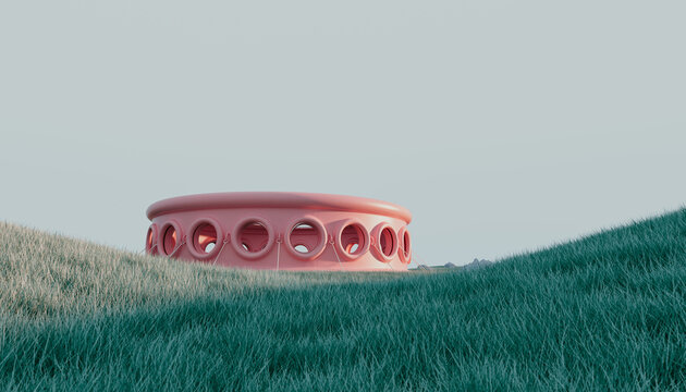 Inflatable surreal pink yurt in a landscape